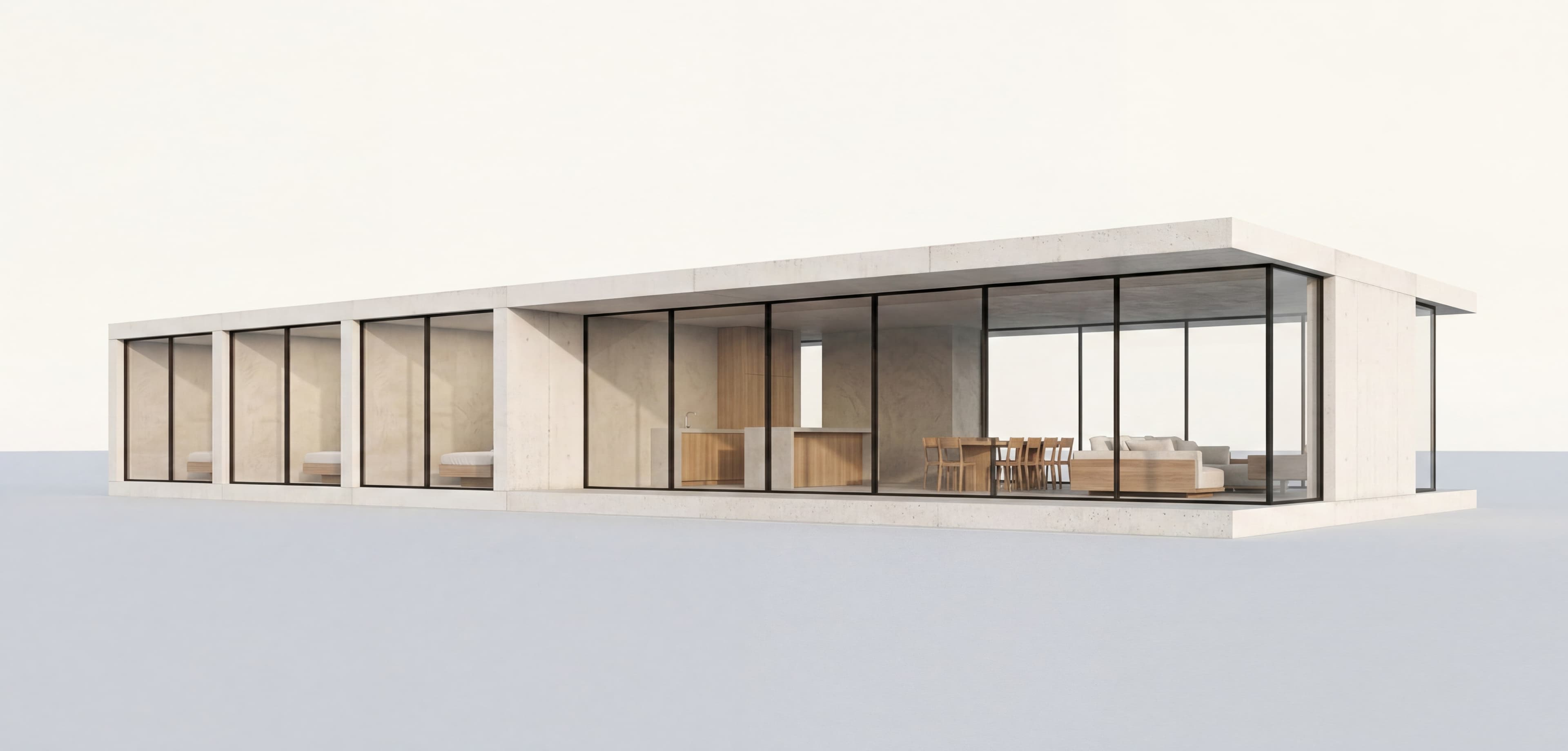 Linear exterior render — clean concrete facade