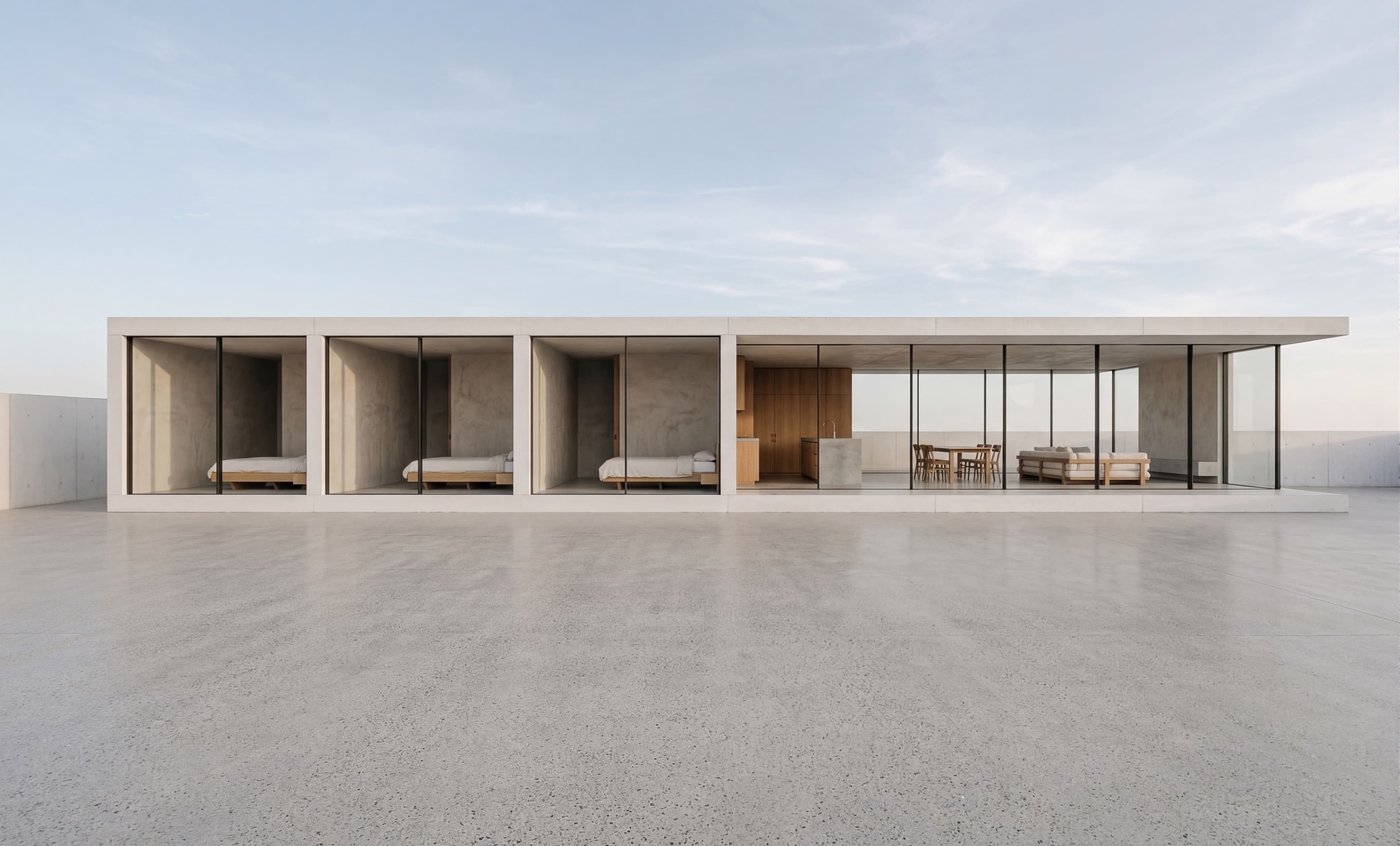 Brisk Linear — modern prefab concrete home with glass facade