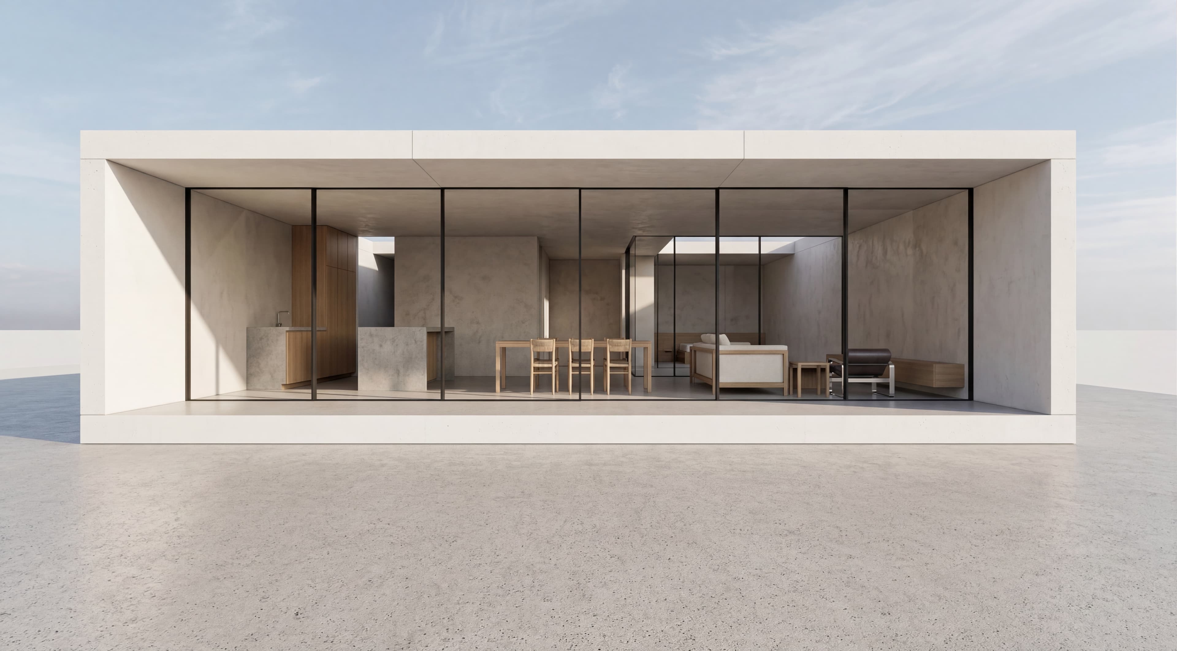 Brisk Malibu — glass facade concrete home with open living