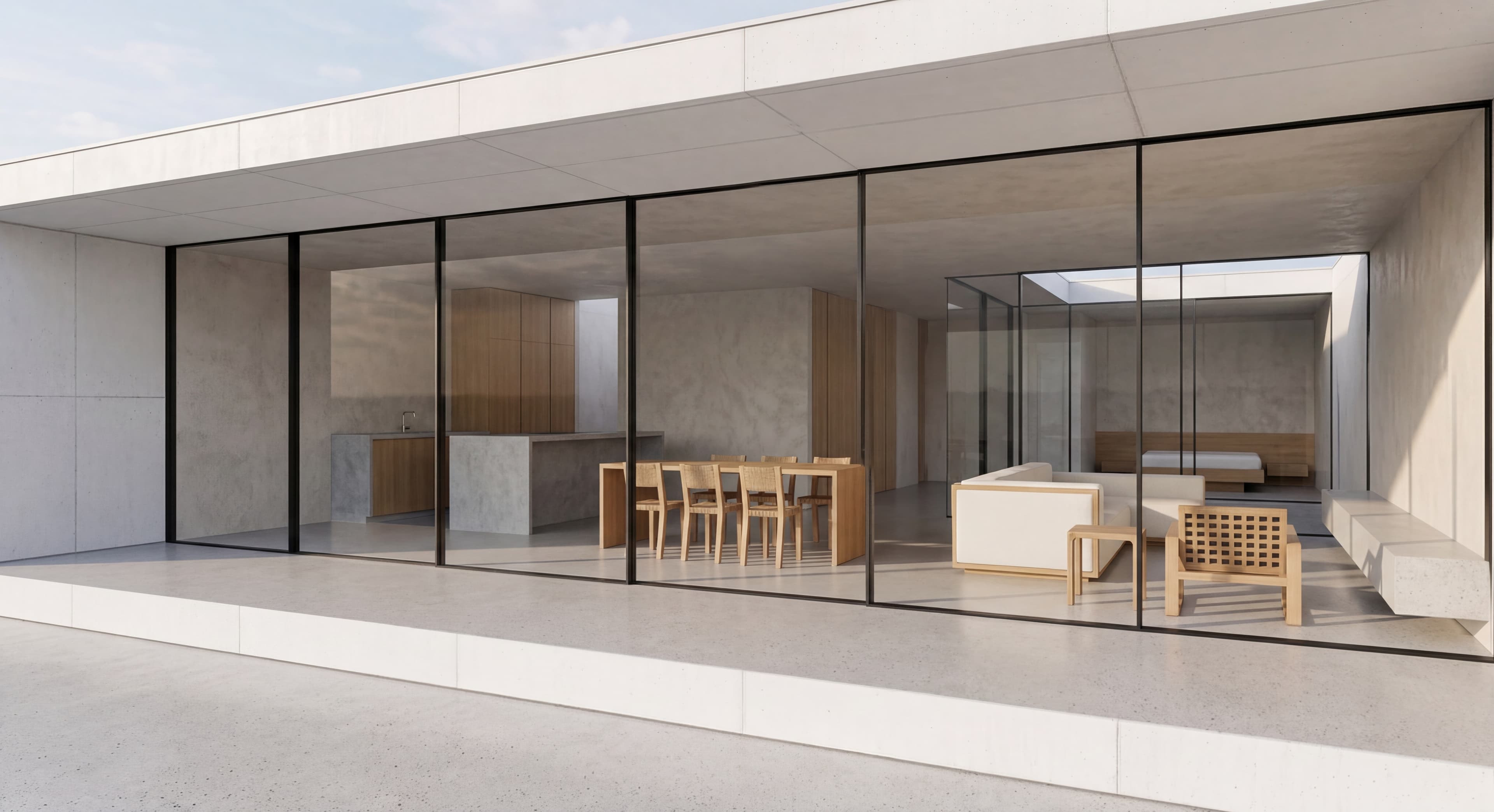 Malibu interior — open plan living with concrete and wood