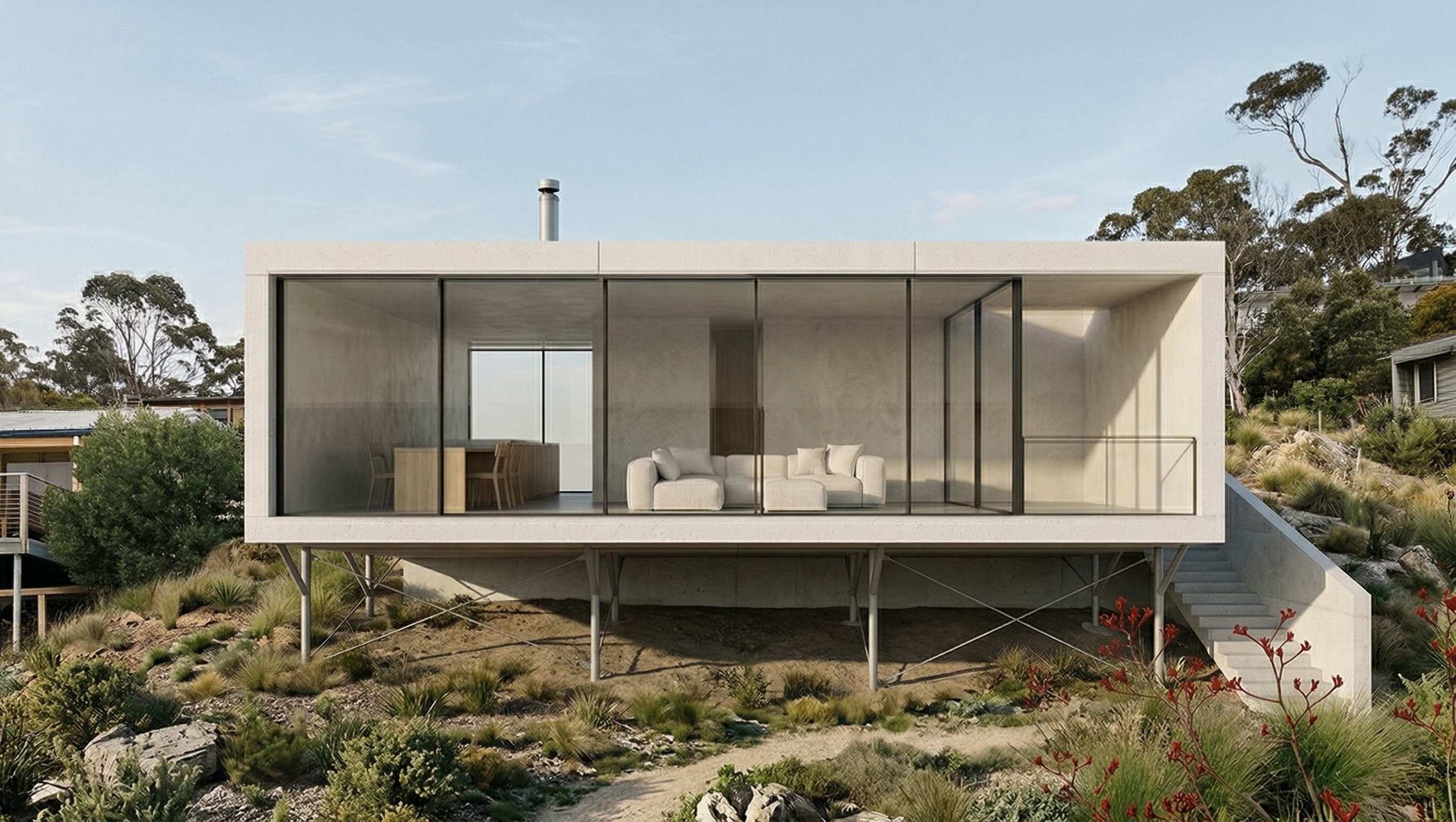 Brisk Melbourne — elevated prefab home on stilts in bushland